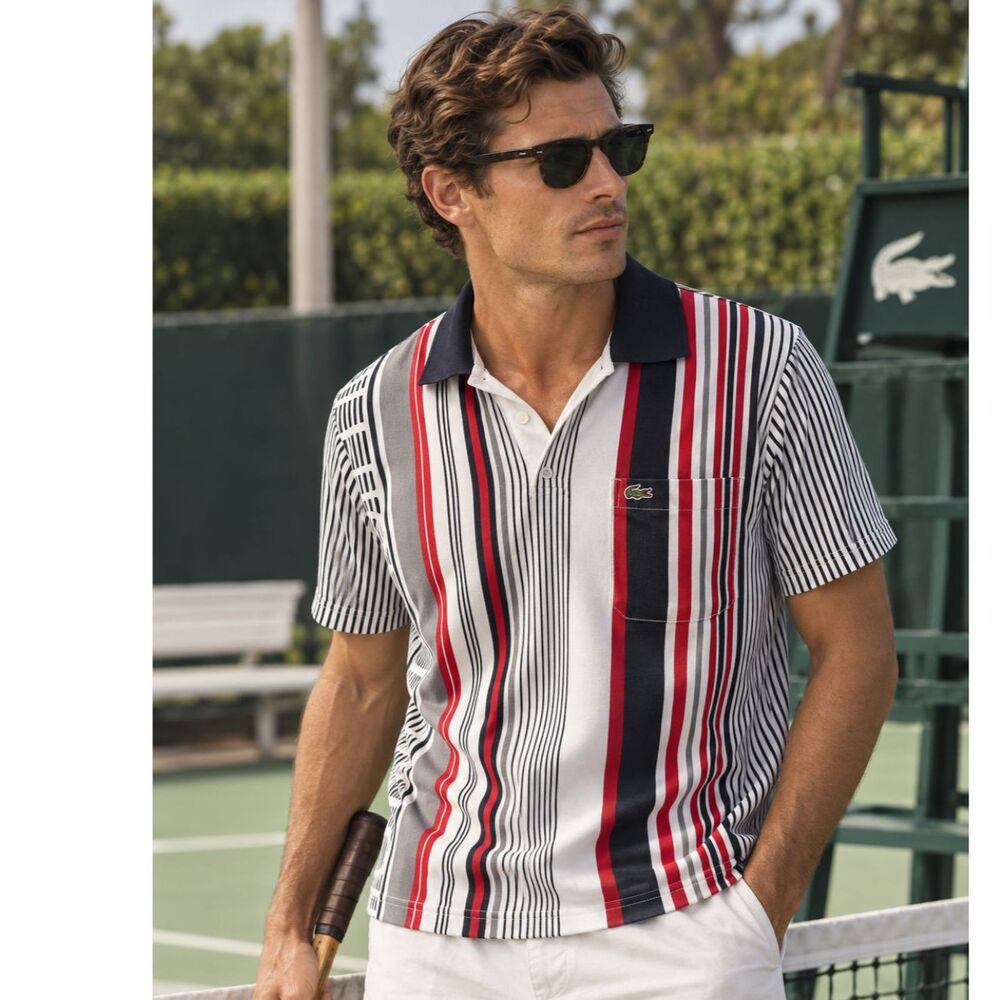 Vintage Lacoste Men’s Polo Shirt Size 4 M Striped Red Black White Pocket